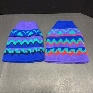 Lot 2 Vintage 90s Geometric Pattern Knit Beanie Hat Bright Purple Green